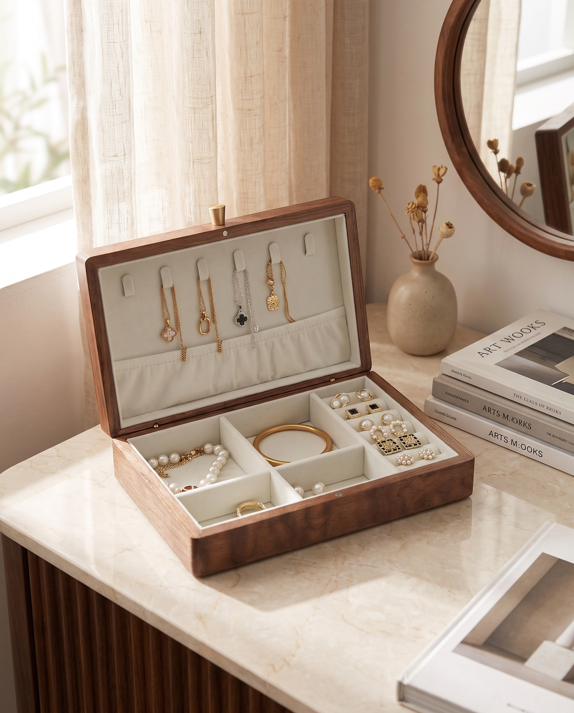 Walnut jewelry box travel organizer with white velvet insert and ring/necklace compartments.