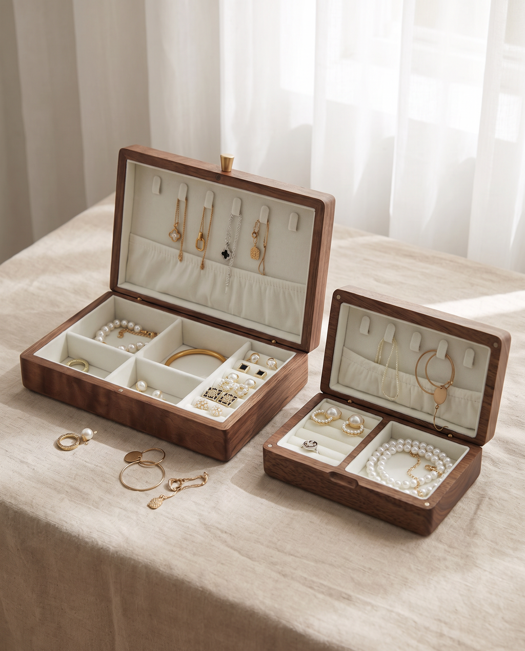 Walnut jewelry box with white velvet lining and compartments, plus an open jewelry tray.
