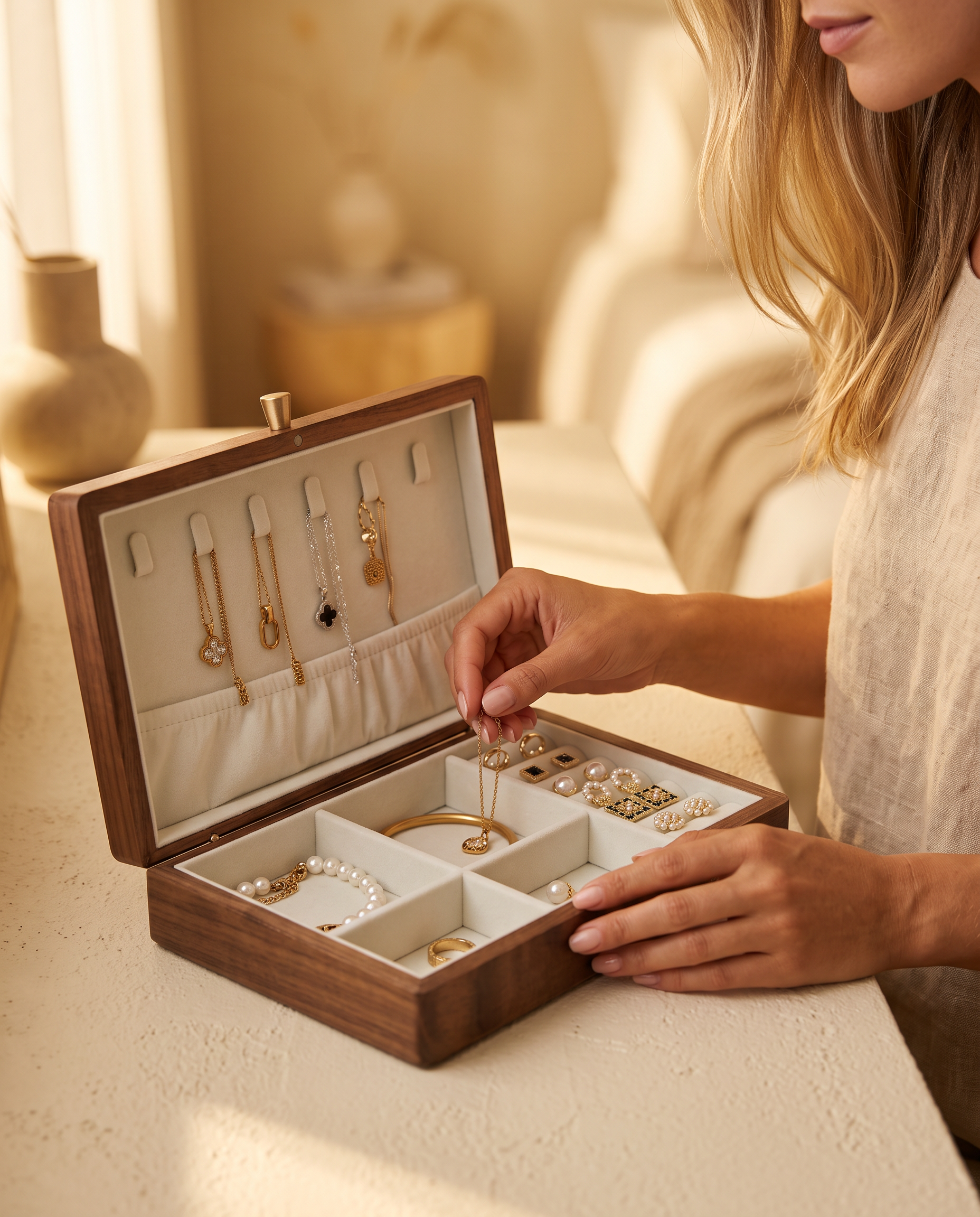 Walnut jewelry box organizer with white velvet and jewelry compartments, being opened by hands.