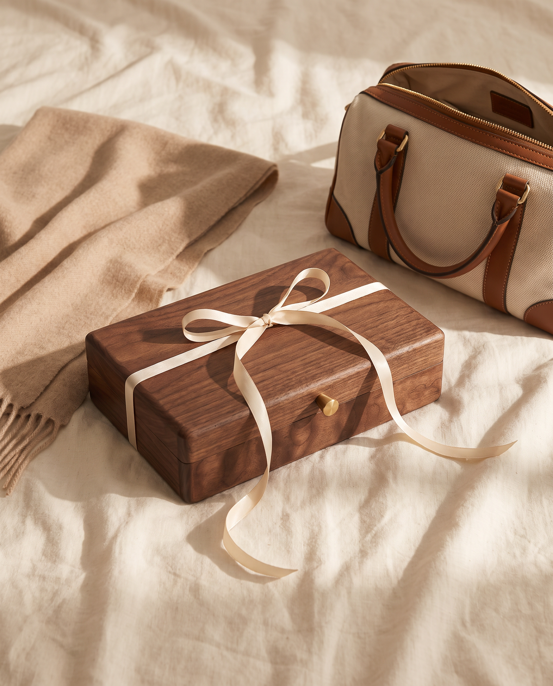 Walnut jewelry gift box with ribbon and a tan-trimmed travel pouch beside it.