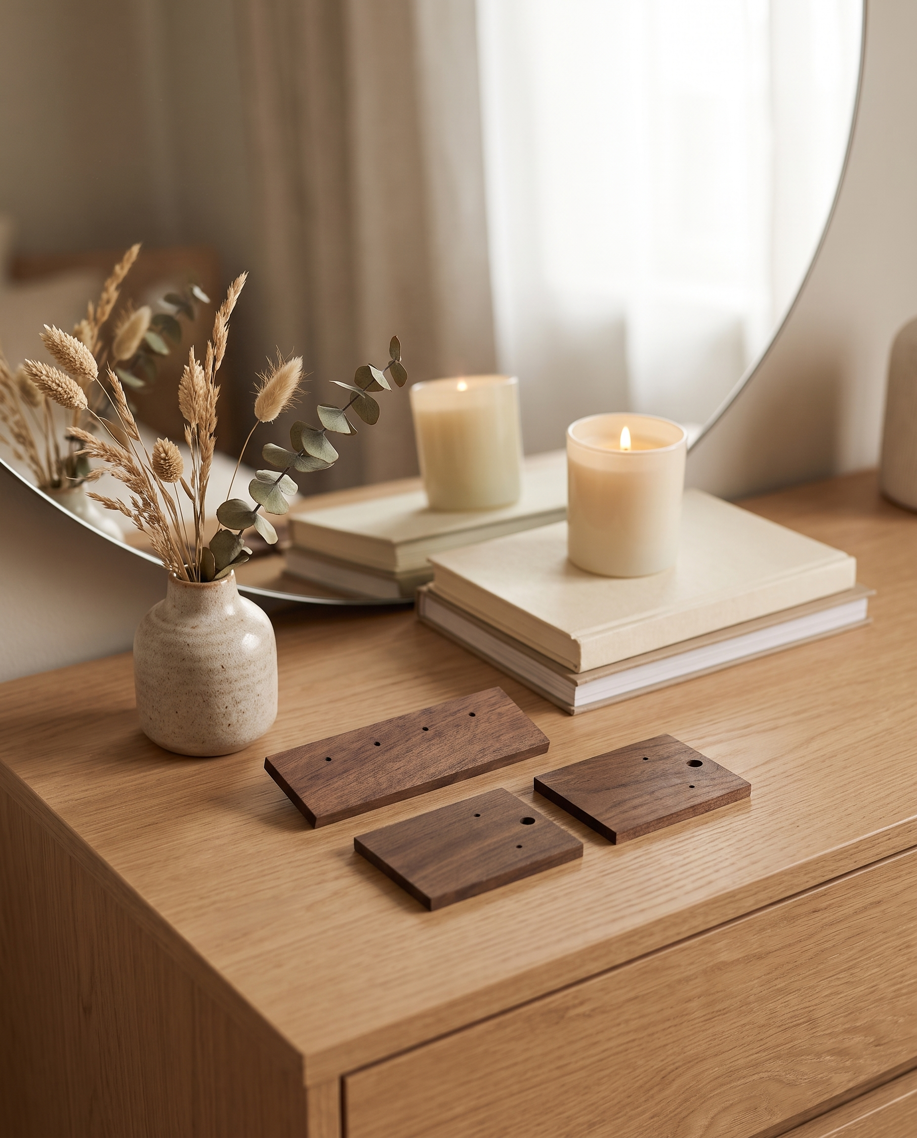Walnut earring display board(s) with drilled holes on a wooden dresser