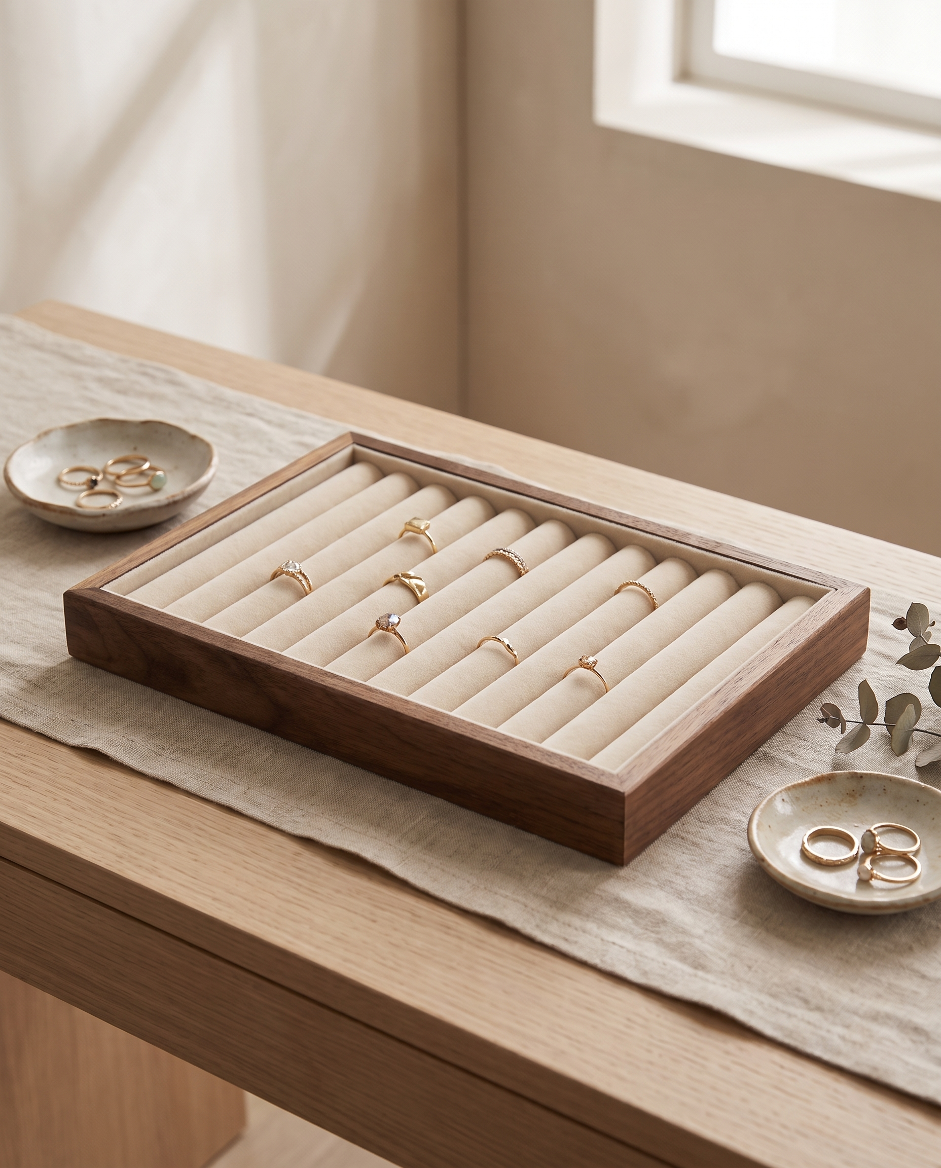 Walnut stackable jewelry tray insert with ring slots and compartment dividers