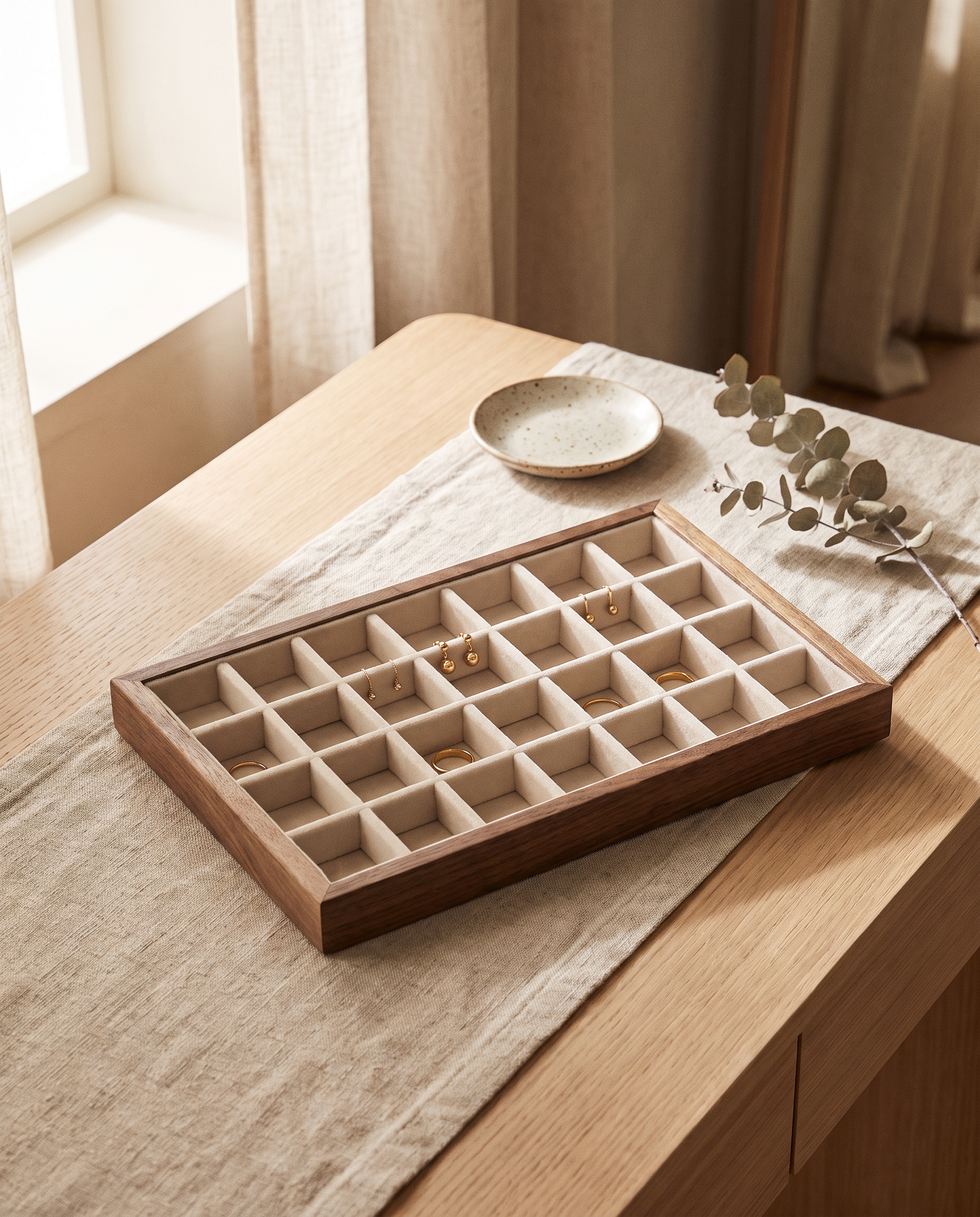 Walnut stackable jewelry tray insert with divided grid compartments for rings