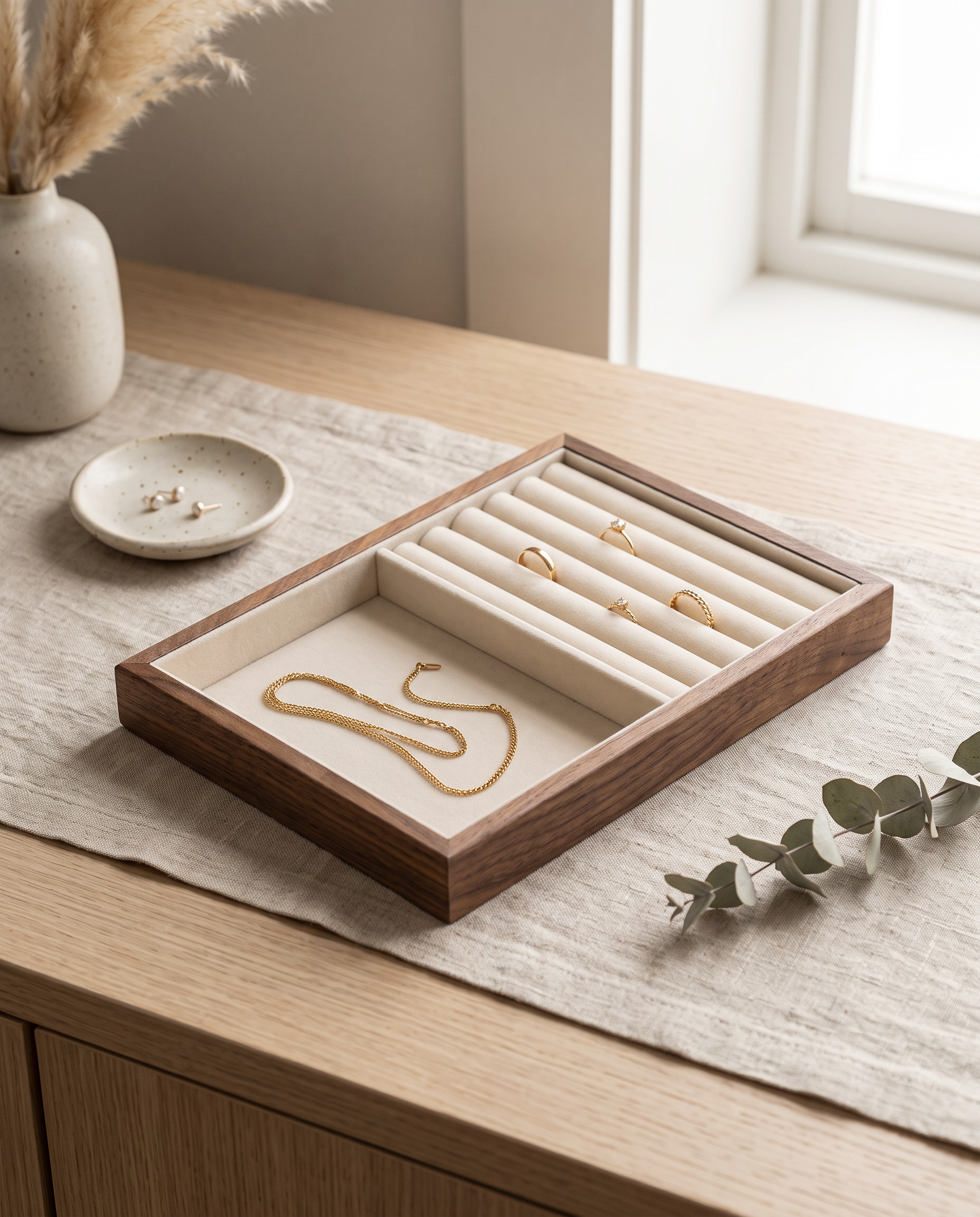 Walnut stackable jewelry tray insert with ring slots and open center space