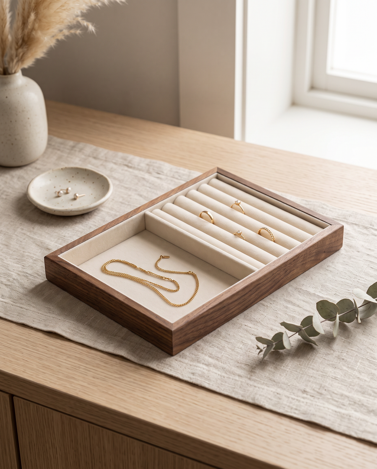 Walnut stackable jewelry tray, Divided insert with open section and ring slots
