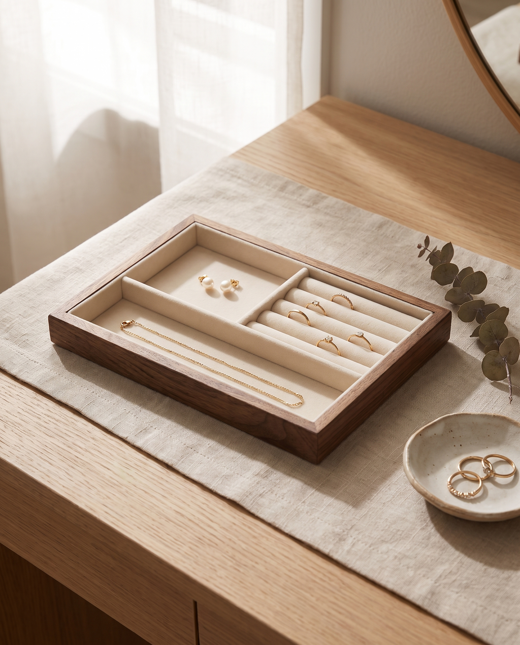 Walnut stackable jewelry tray, 2 Compartments insert with ring slots