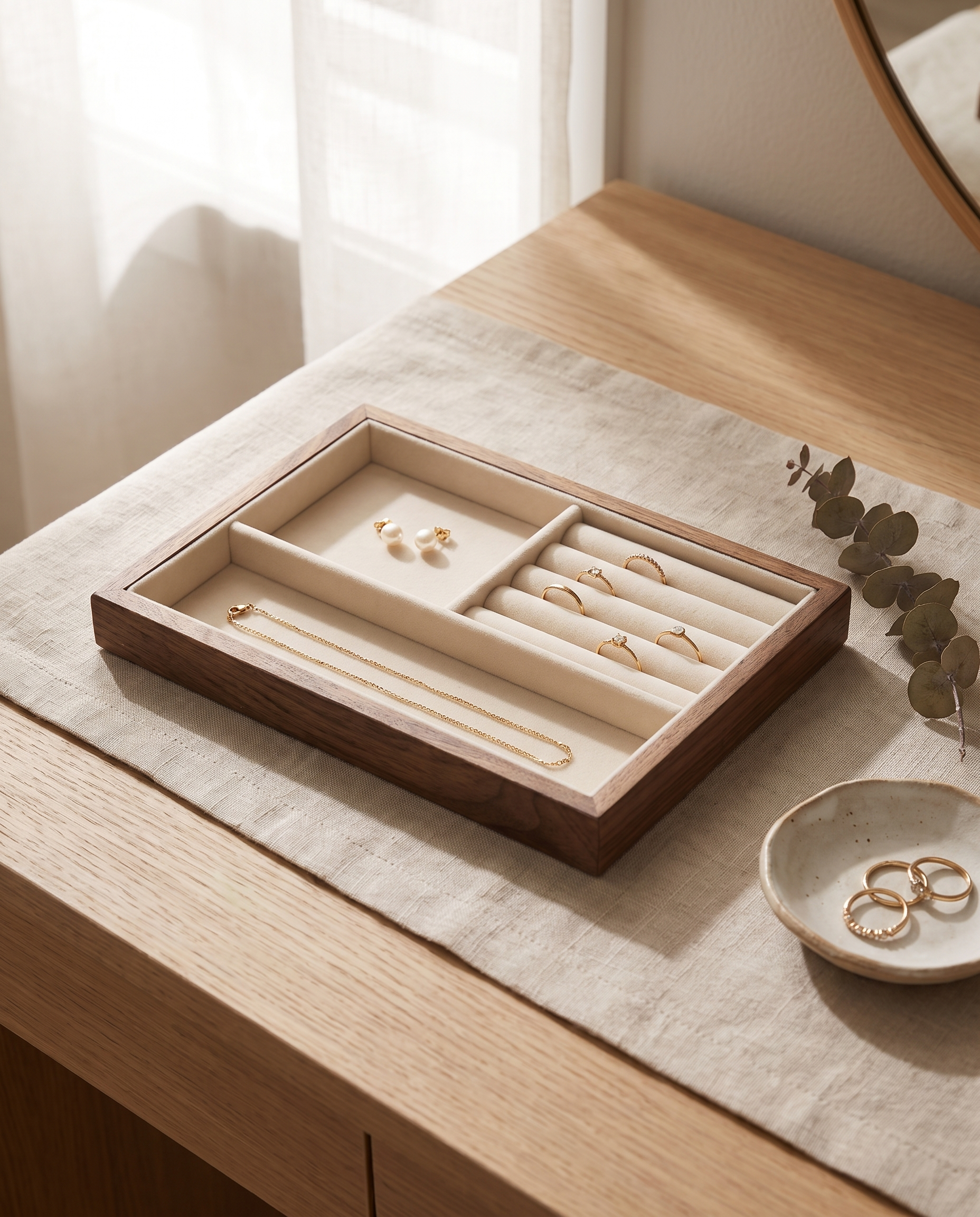 Walnut stackable jewelry tray insert with ring slots and small accessory section