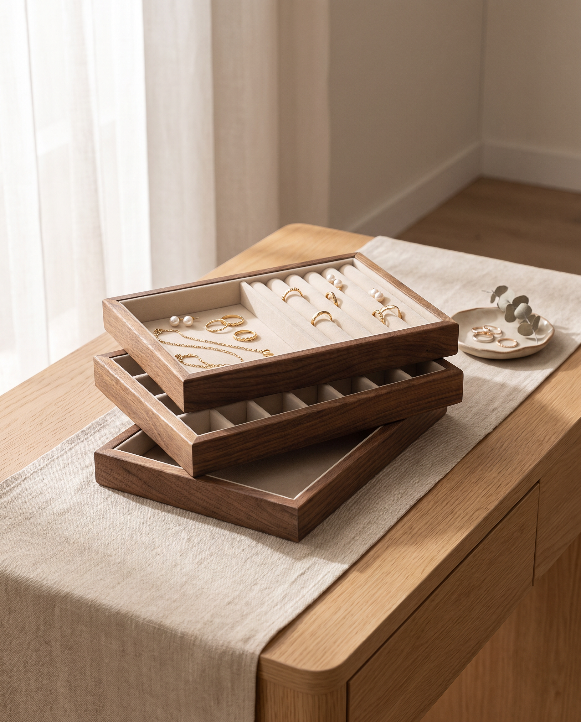 Stackable walnut jewelry tray with two velvet compartments, rings arranged inside