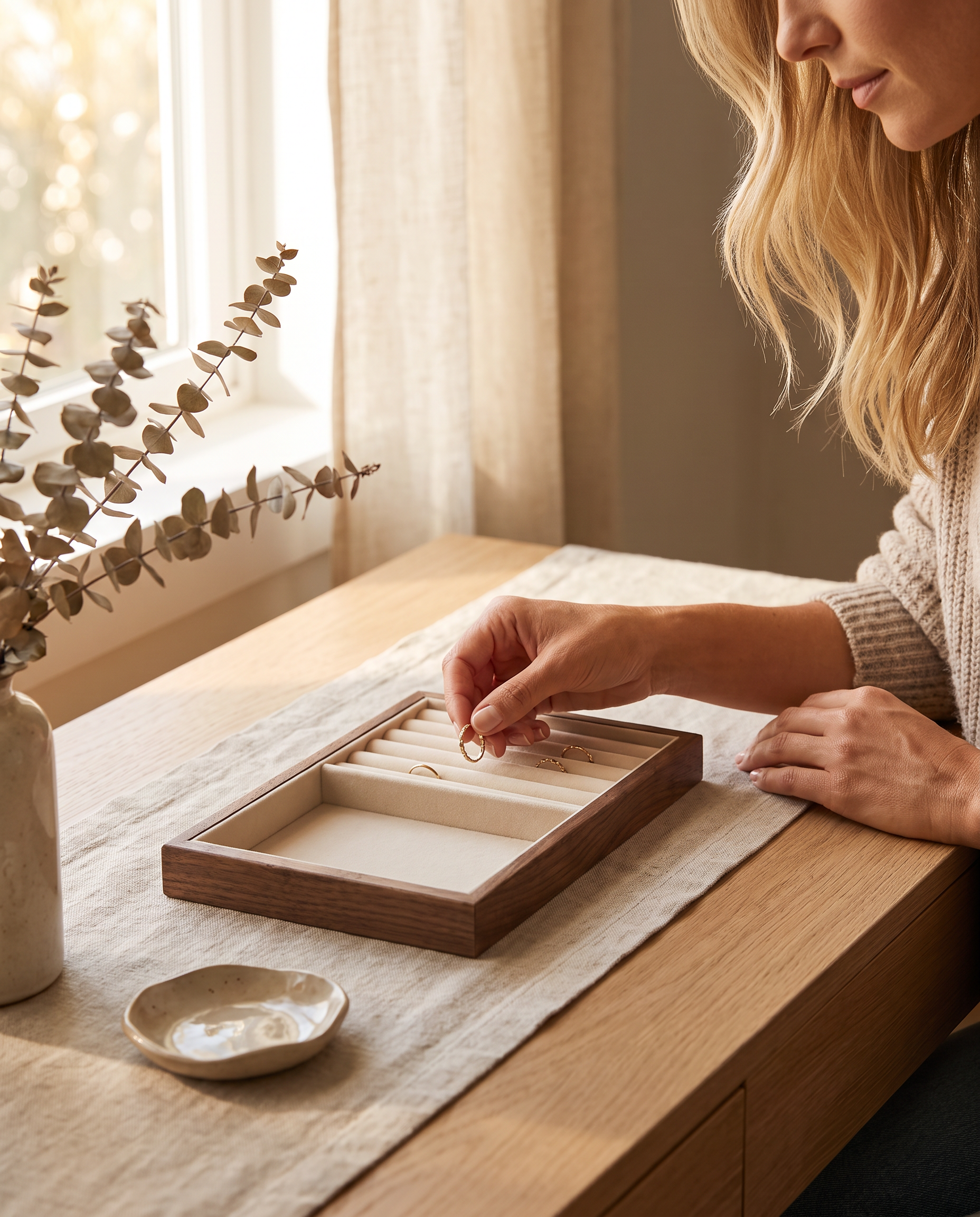 Walnut stackable jewelry tray insert being placed on a dresser top
