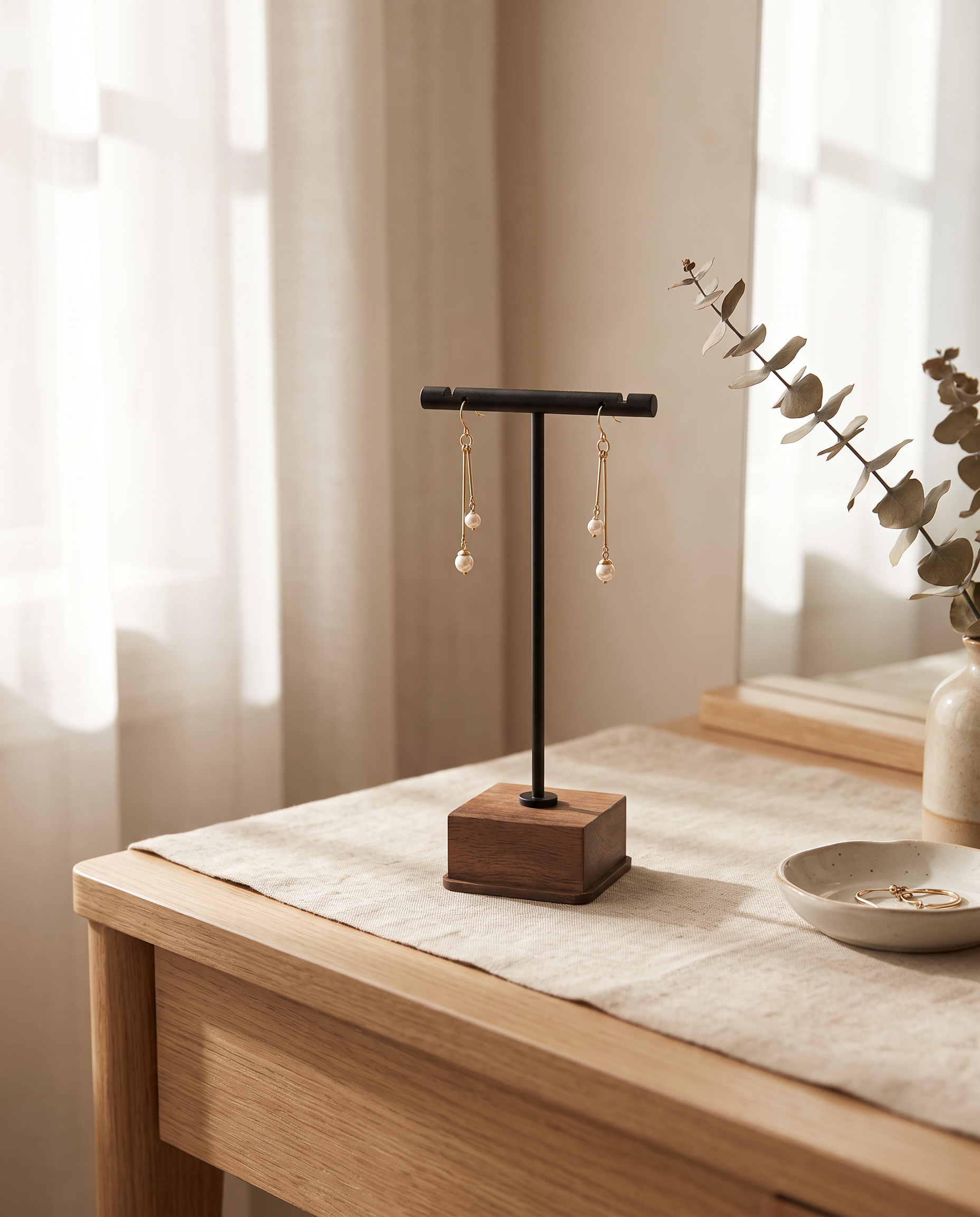 Matte black T-bar earring stand on walnut base with two hanging pearl earrings
