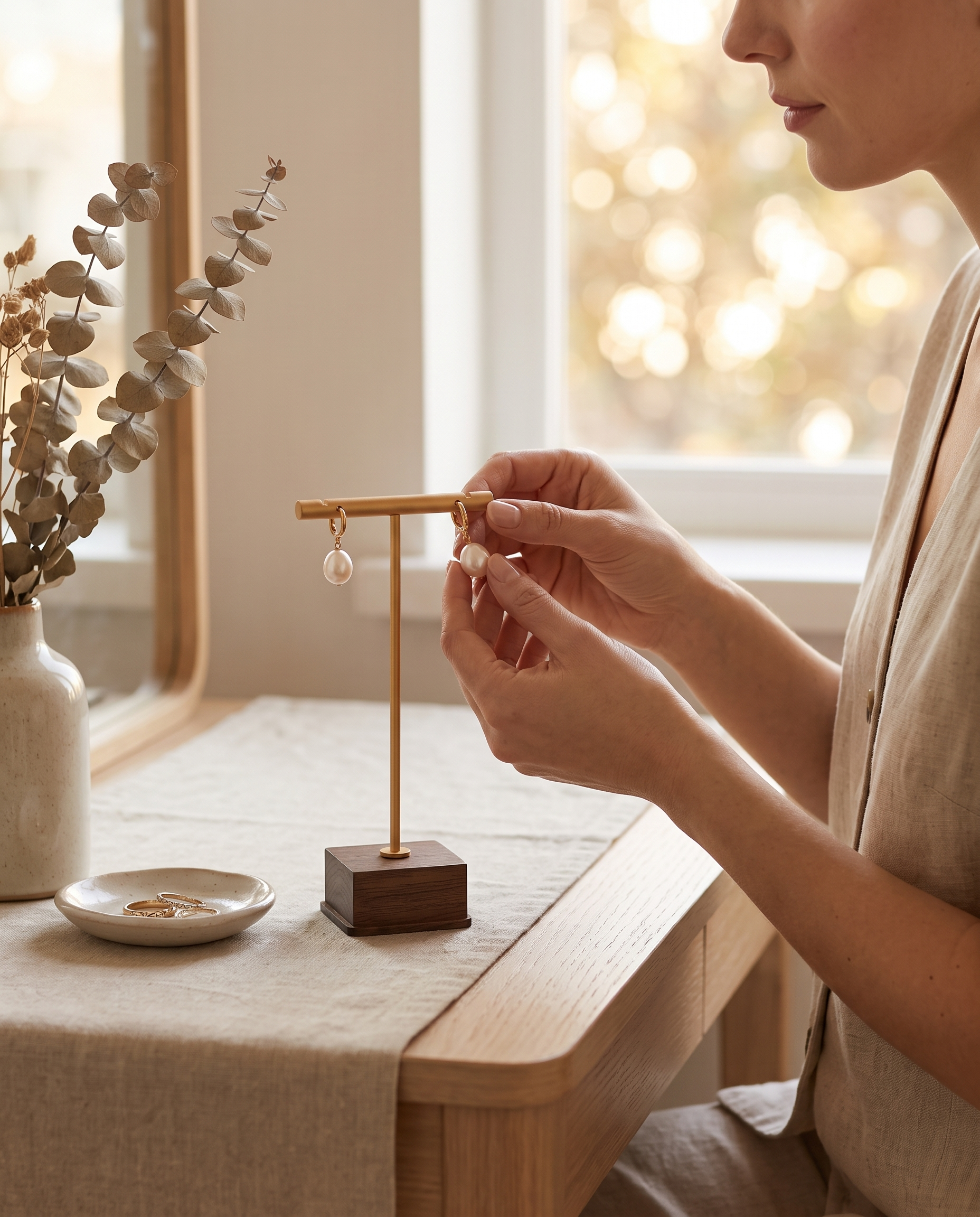 Person holding two dangling pearl earrings on a gold T-bar earring stand