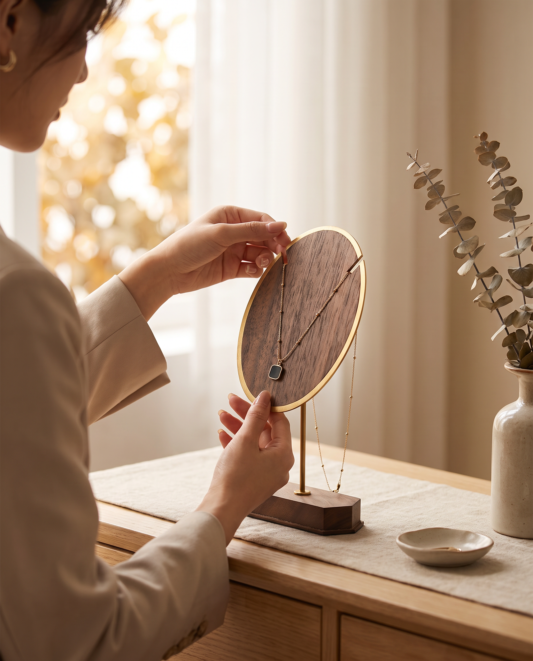 Walnut oval necklace display stand with gold rim as a necklace is placed on it