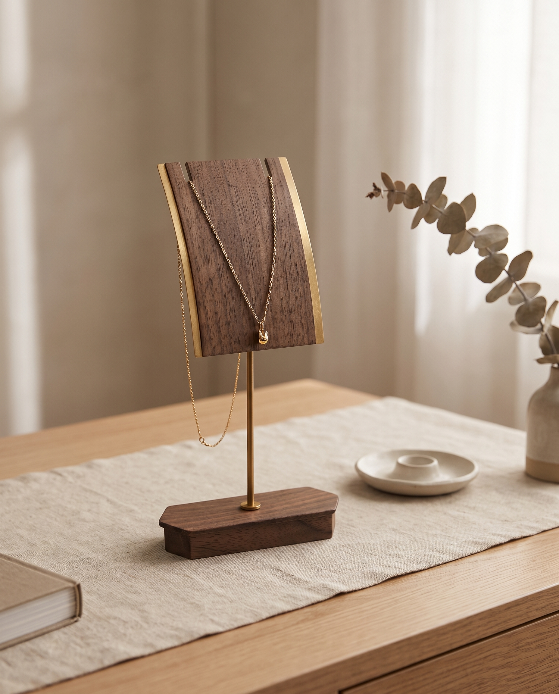 Walnut necklace display stand with gold vertical post and base, holding a delicate chain