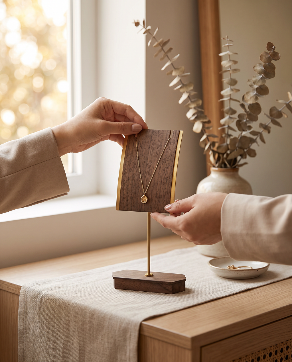 Walnut necklace holder display stand with gold post and base; hands place a thin chain