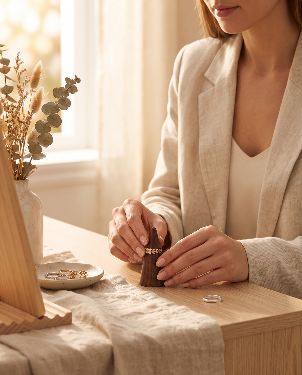 Walnut ring cone holder on tabletop with gold-tone ring being placed by hands