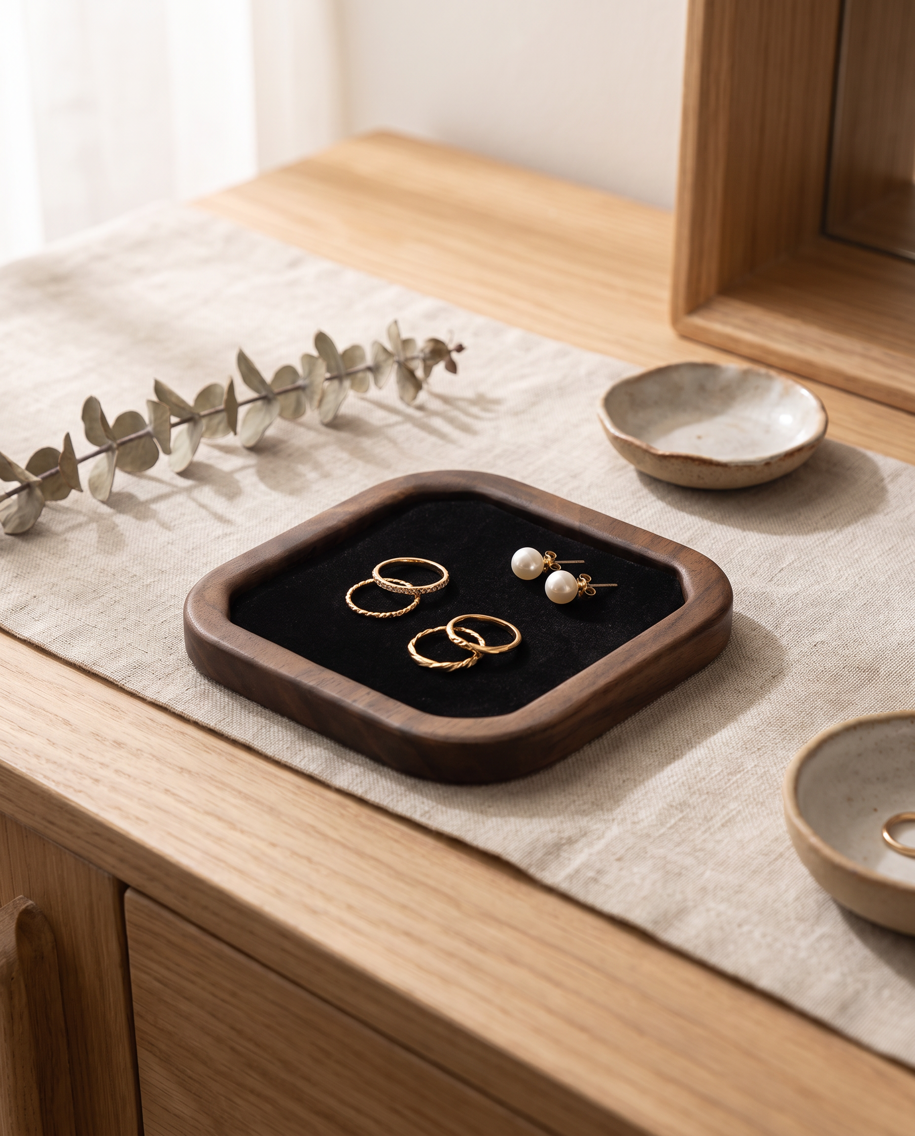 Small square jewelry tray with black velvet insert in walnut frame