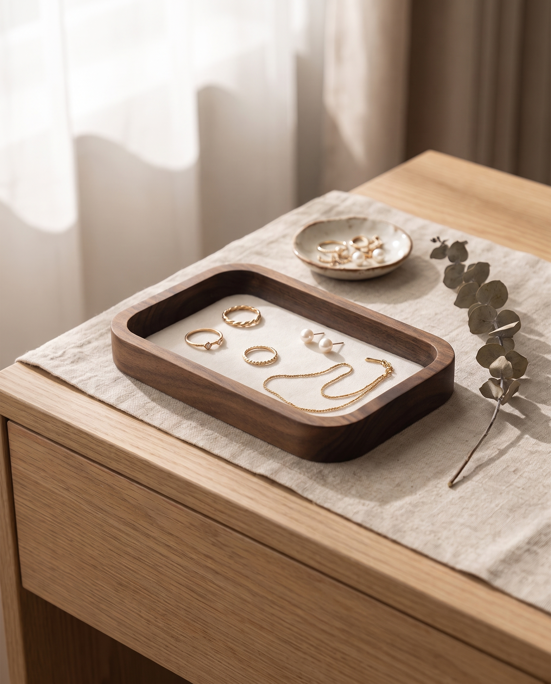 Large rectangle walnut jewelry tray with white velvet insert holding necklaces and earrings
