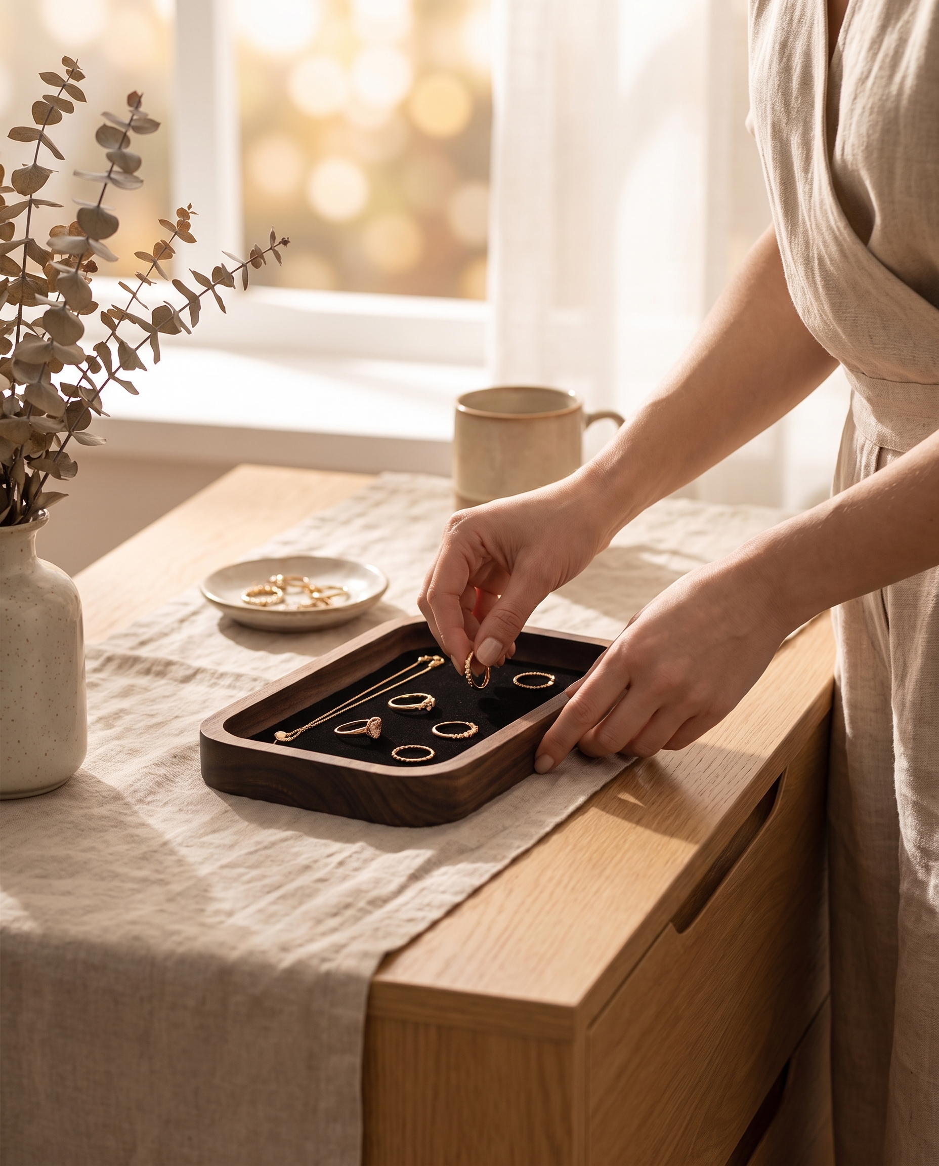 Large rectangle walnut jewelry tray with black velvet insert, showing jewelry and hands