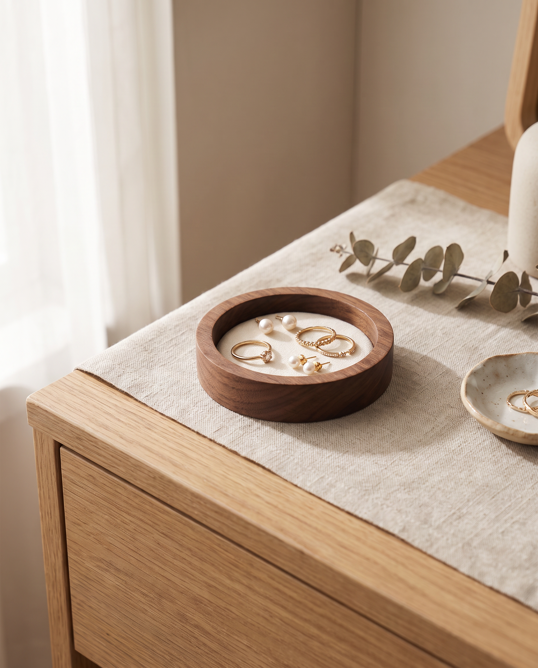 Small round walnut jewelry tray with white velvet insert, holding gold rings