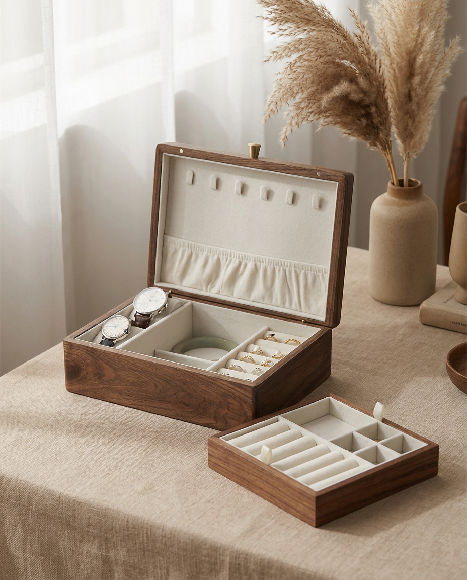 Medium walnut jewelry box, white velvet lining, removable compartments for rings and watches