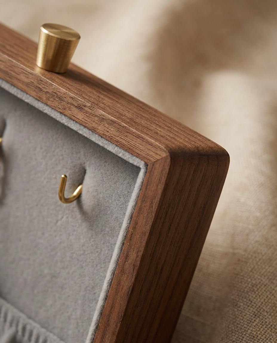 Walnut jewelry box corner with grey felt panel and small gold hook