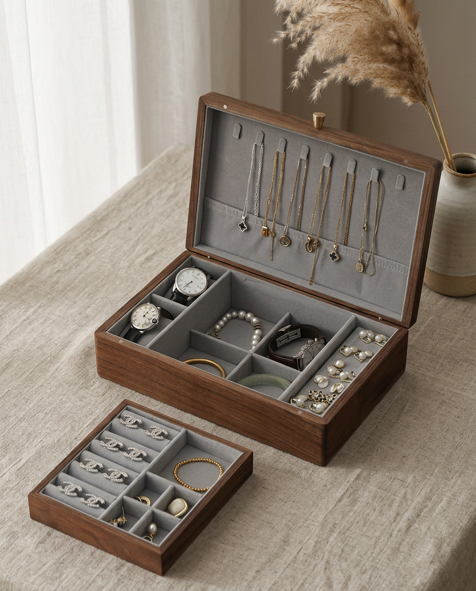 Large walnut jewelry box with removable tray, grey velvet, brass hooks and compartments
