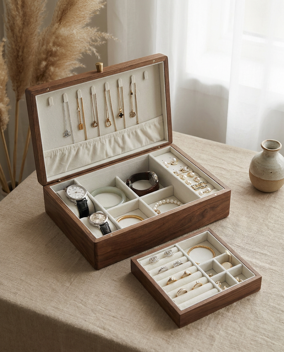 Large walnut jewelry box with removable tray, light grey velvet, brass necklace hooks