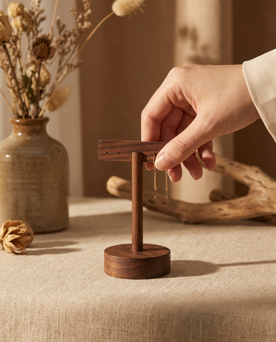 Walnut T-bar earring stand with hand placing stud earrings on top bar