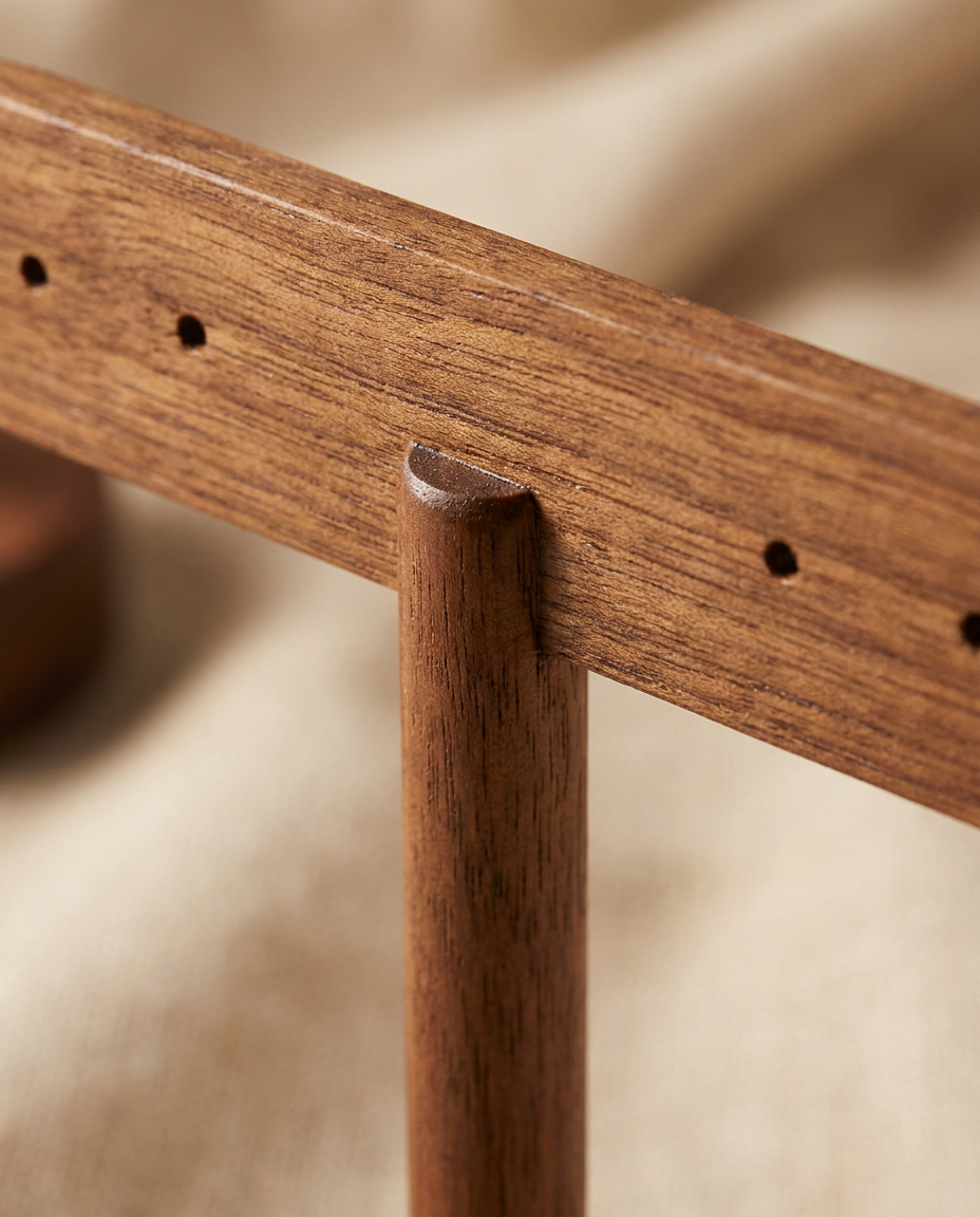 Close-up of walnut T-bar earring stand slot with vertical post and base