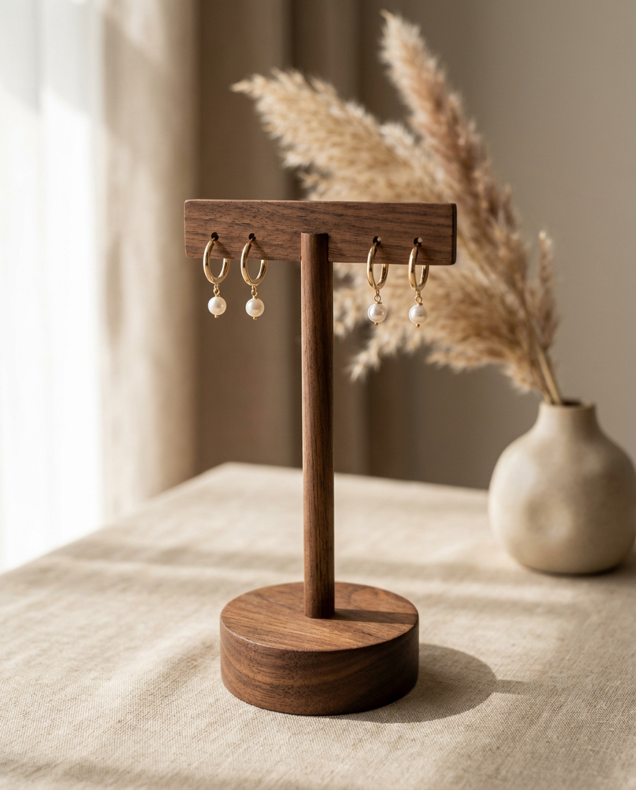Walnut earring stand with hoop and stud-drop earrings on top bar