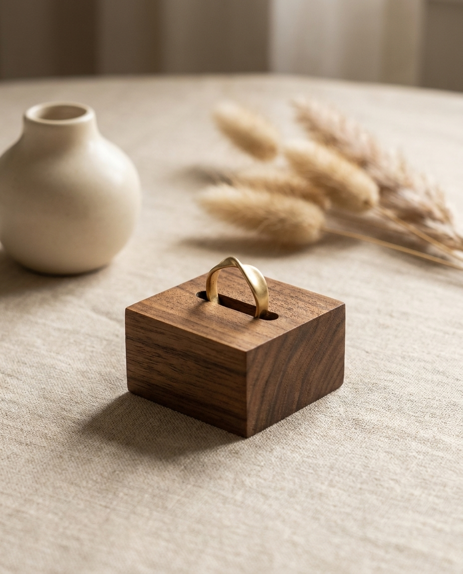 Walnut ring display block, square wooden holder with brass ring rest