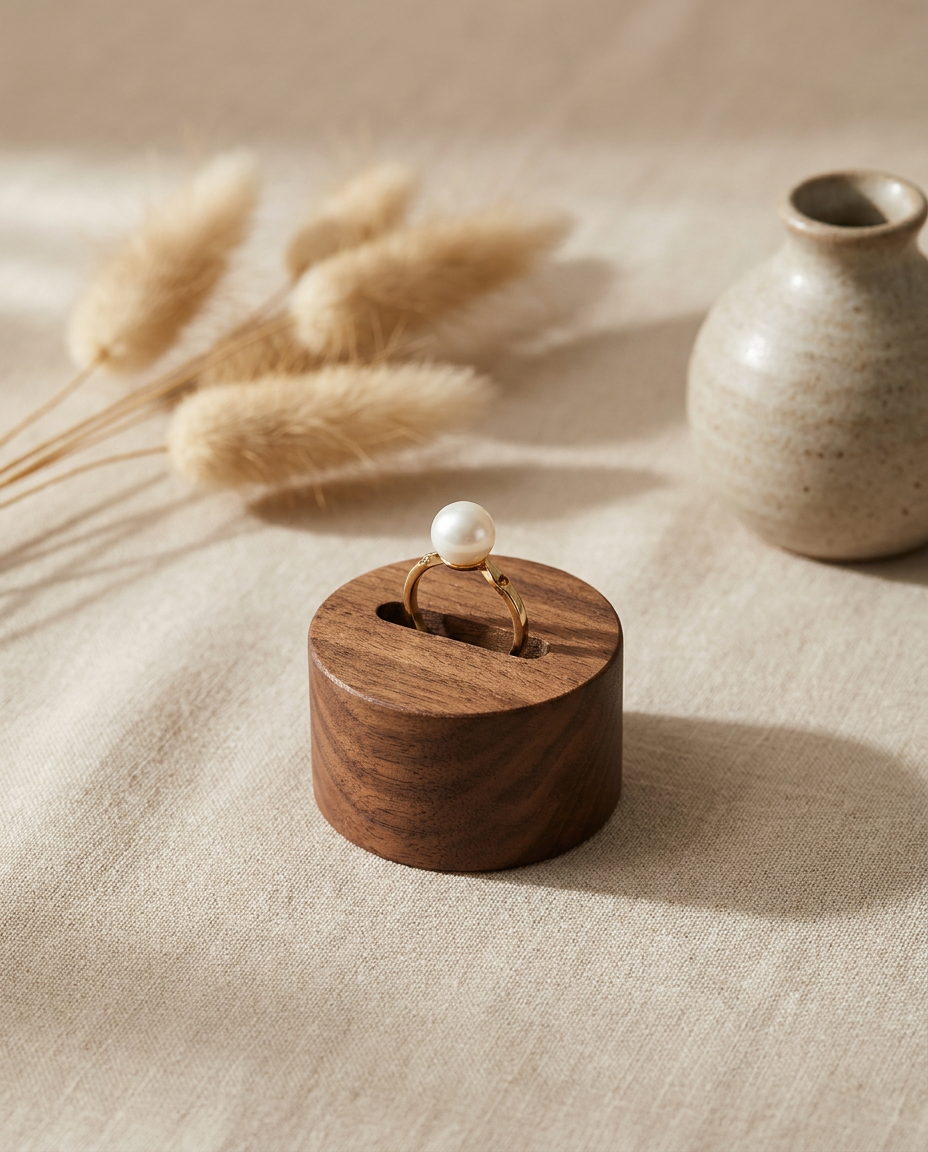Walnut ring display block, round wooden holder with pearl ring on brass band