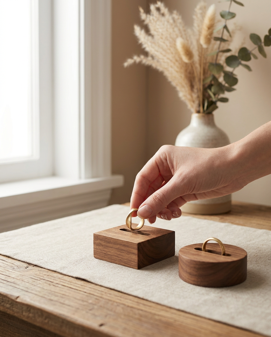 Walnut ring display block, square holder being used with gold ring and hand