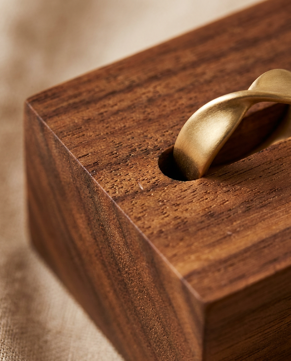 Walnut ring display block close-up, carved slot with brass ring rest