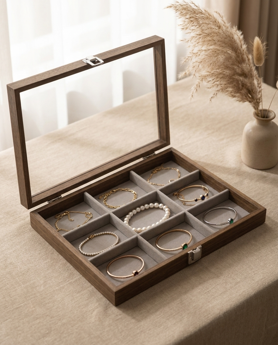 Walnut jewelry box with glass lid, gray velvet 9 compartments