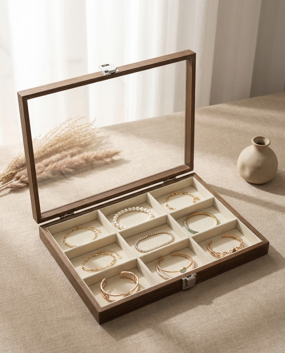 Walnut jewelry box with glass lid, light velvet 9 compartments with necklaces