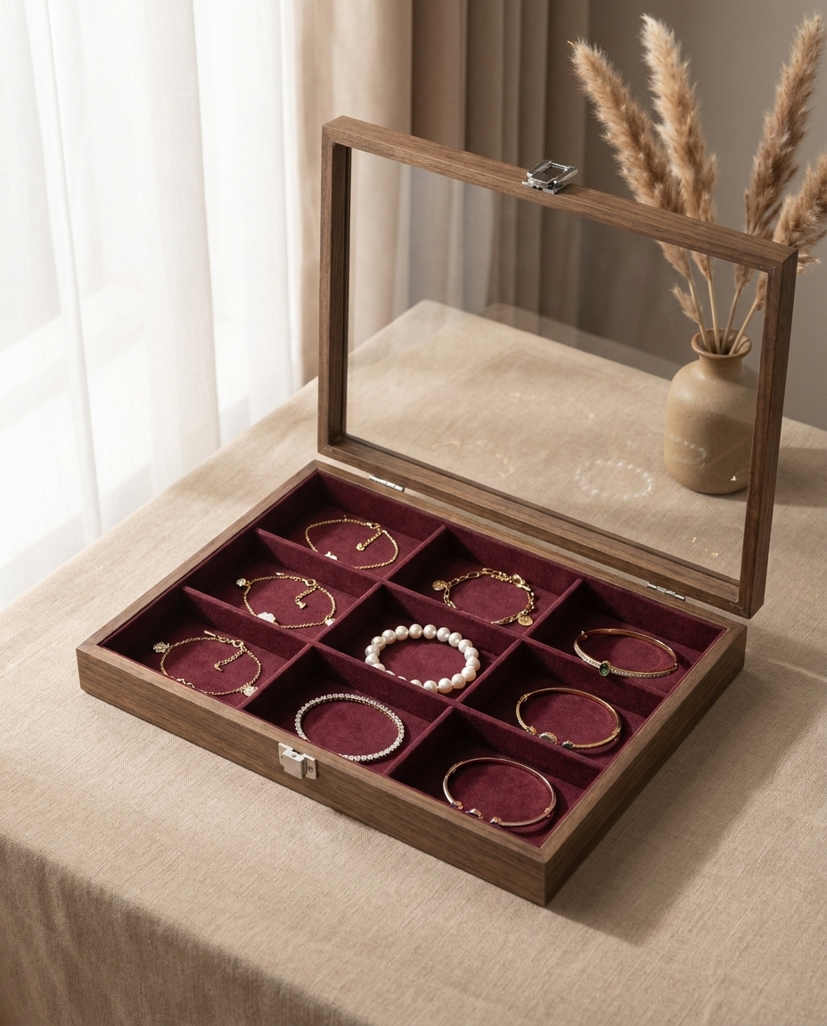 Walnut jewelry box with glass lid, wine velvet 9 compartments with rings