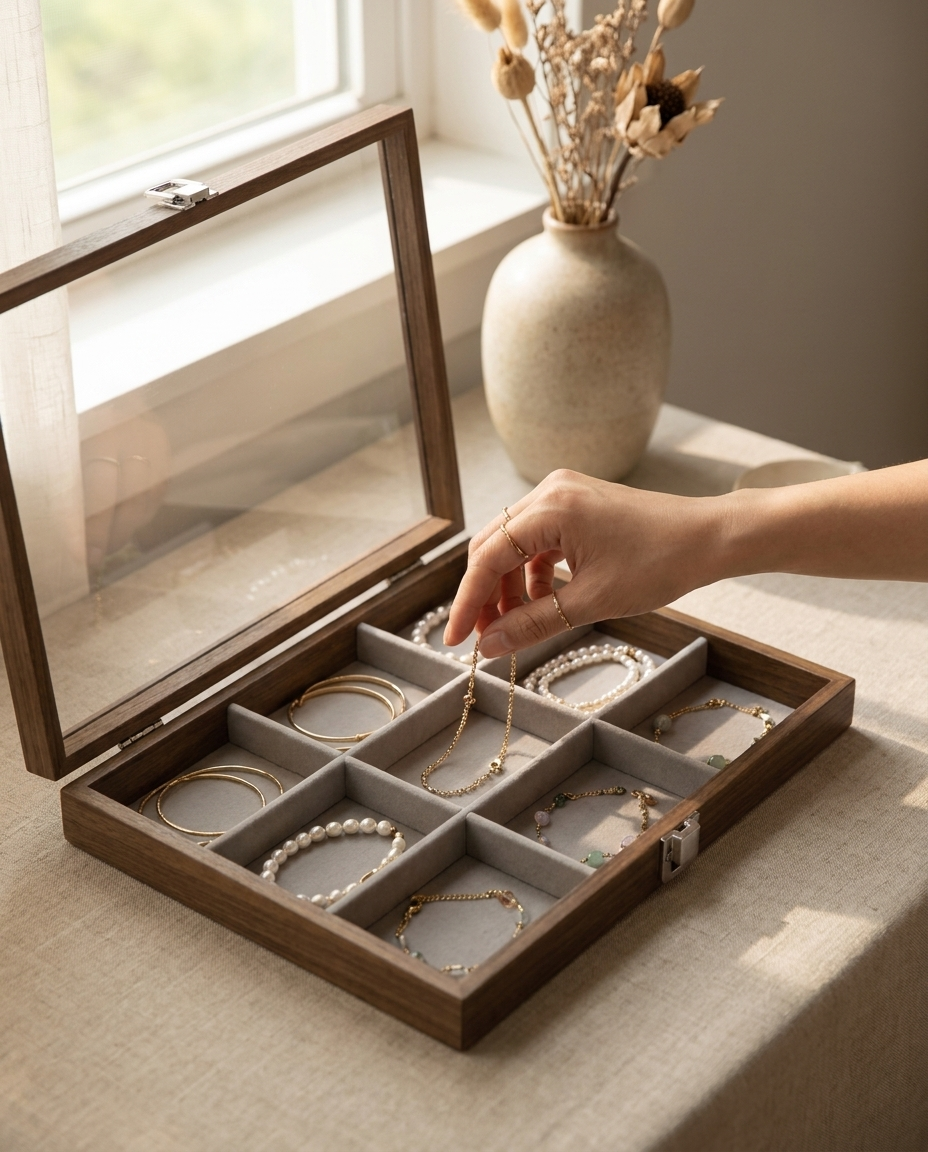 Walnut jewelry box with glass lid and compartments, light velvet interior