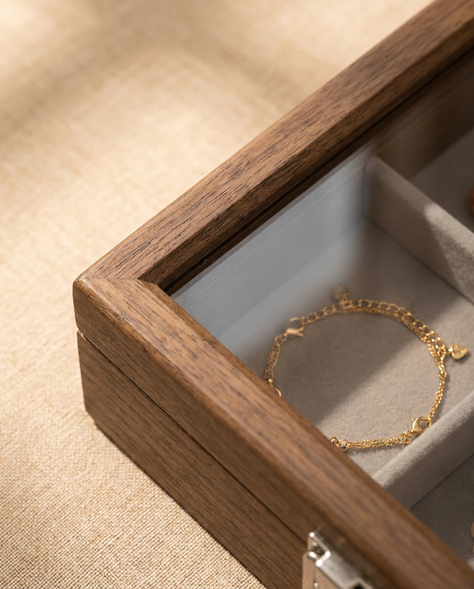 Walnut jewelry box glass lid close-up with gold bracelet in a compartment