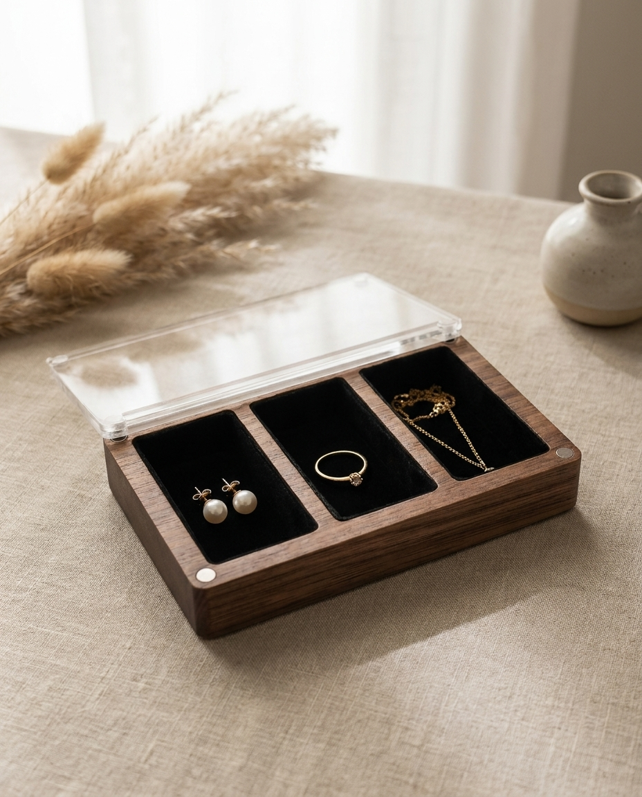 Walnut 3-slot earring and stud box with clear acrylic magnetic lid, black velvet inserts