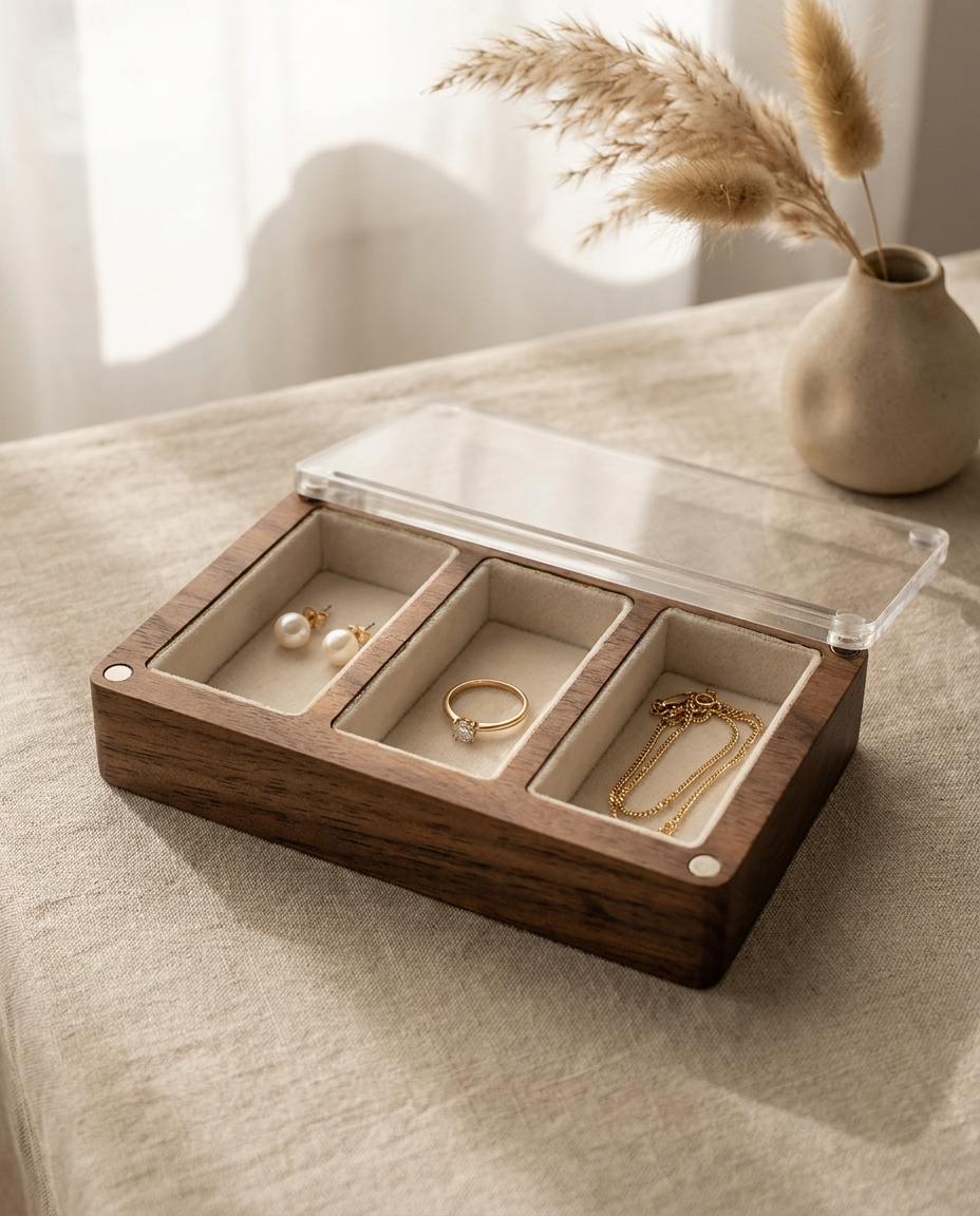Walnut 3-slot earring and stud box with clear acrylic lid, beige velvet compartments