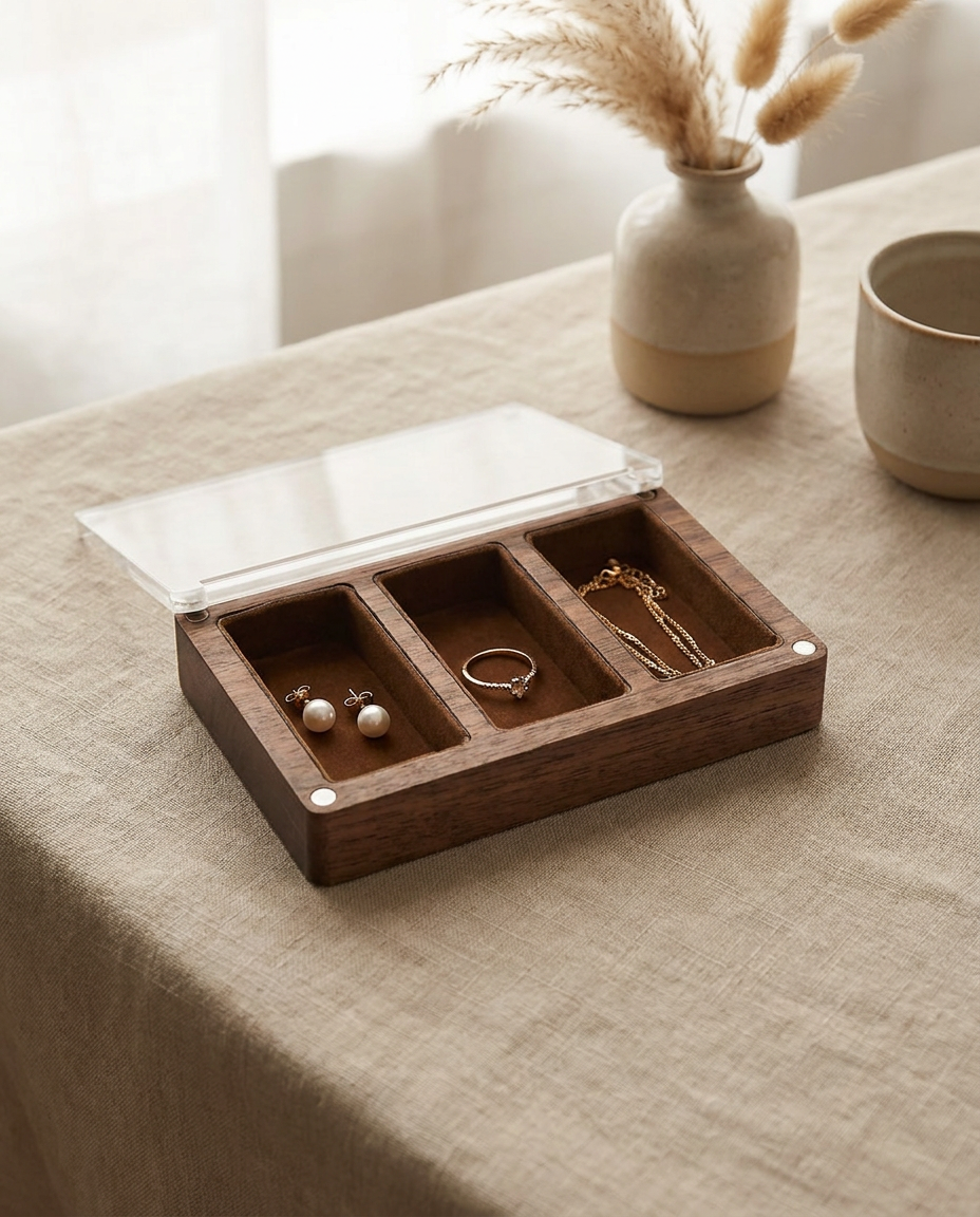 Walnut 3-slot earring and stud box with clear acrylic lid, brown velvet compartments