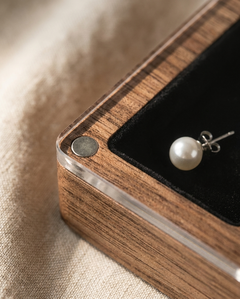 Close-up of walnut earring box edge with clear acrylic lid and pearl stud in black velvet