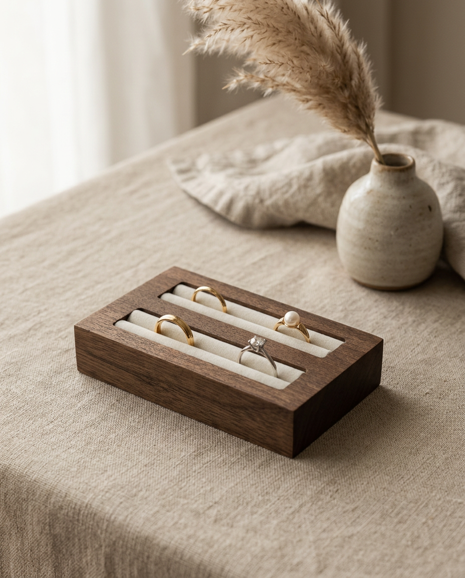 Walnut ring display tray with velvet channels, holding several rings