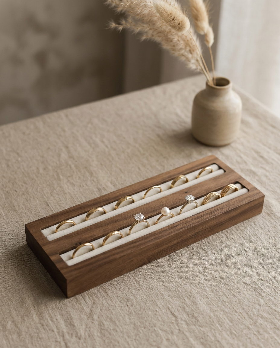 Walnut ring display tray with velvet channels, long layout for multiple rings