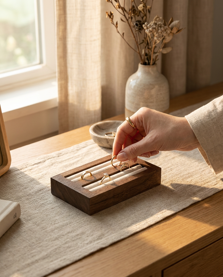 Hand placing rings into a walnut ring display tray with velvet channels