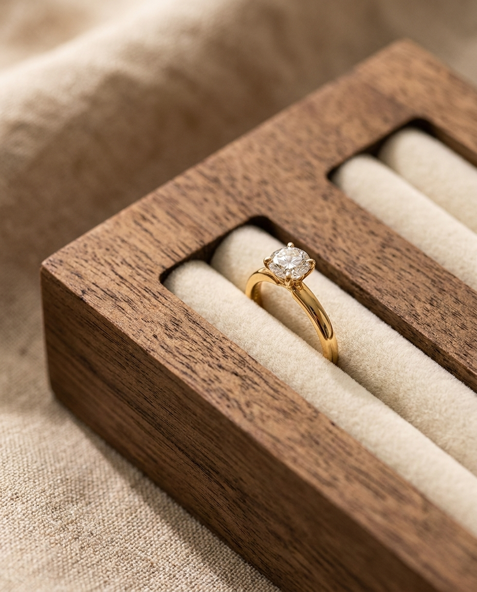 Close-up of rings in a walnut ring display tray with velvet channel inserts