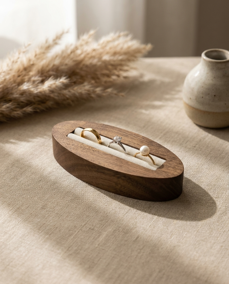Walnut oval ring stand with velvet channel for rings