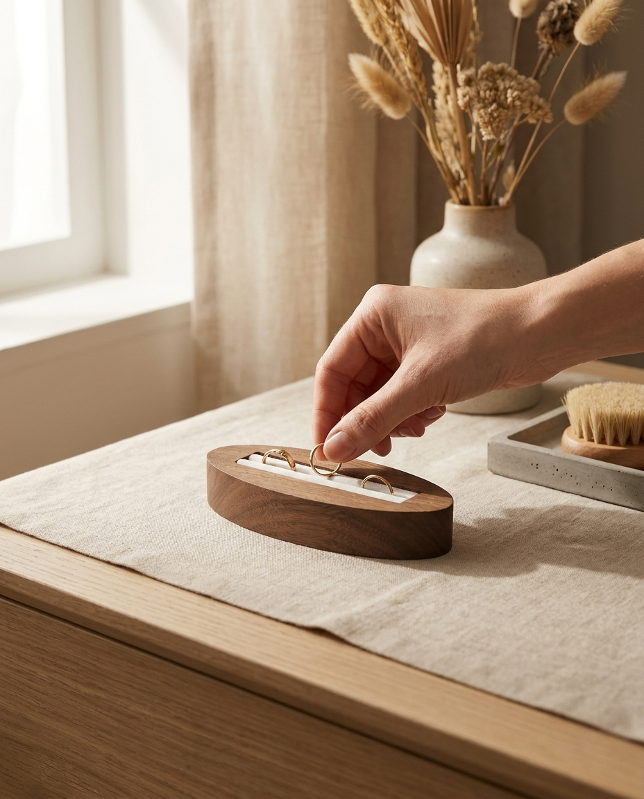 Walnut oval ring stand as a hand places rings in velvet channel