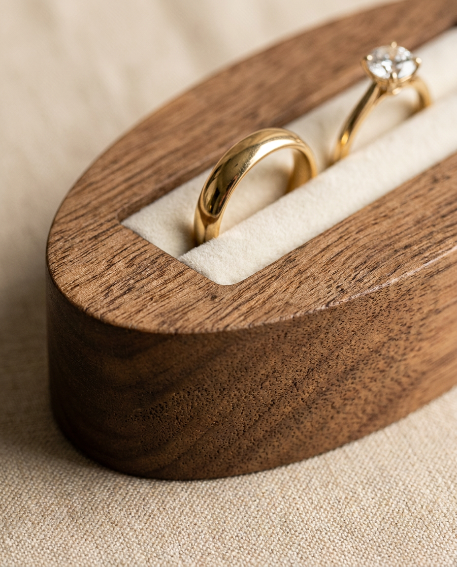 Close-up of walnut oval ring stand with rings on light velvet insert